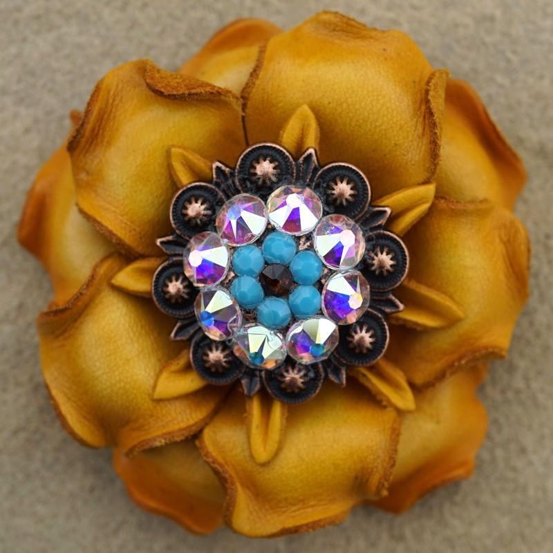 Flowers Fringe & More Yellow Gardenia Flower With Copper Topaz, Turquoise & AB 1.25" Concho FL2YECOTOTQAB