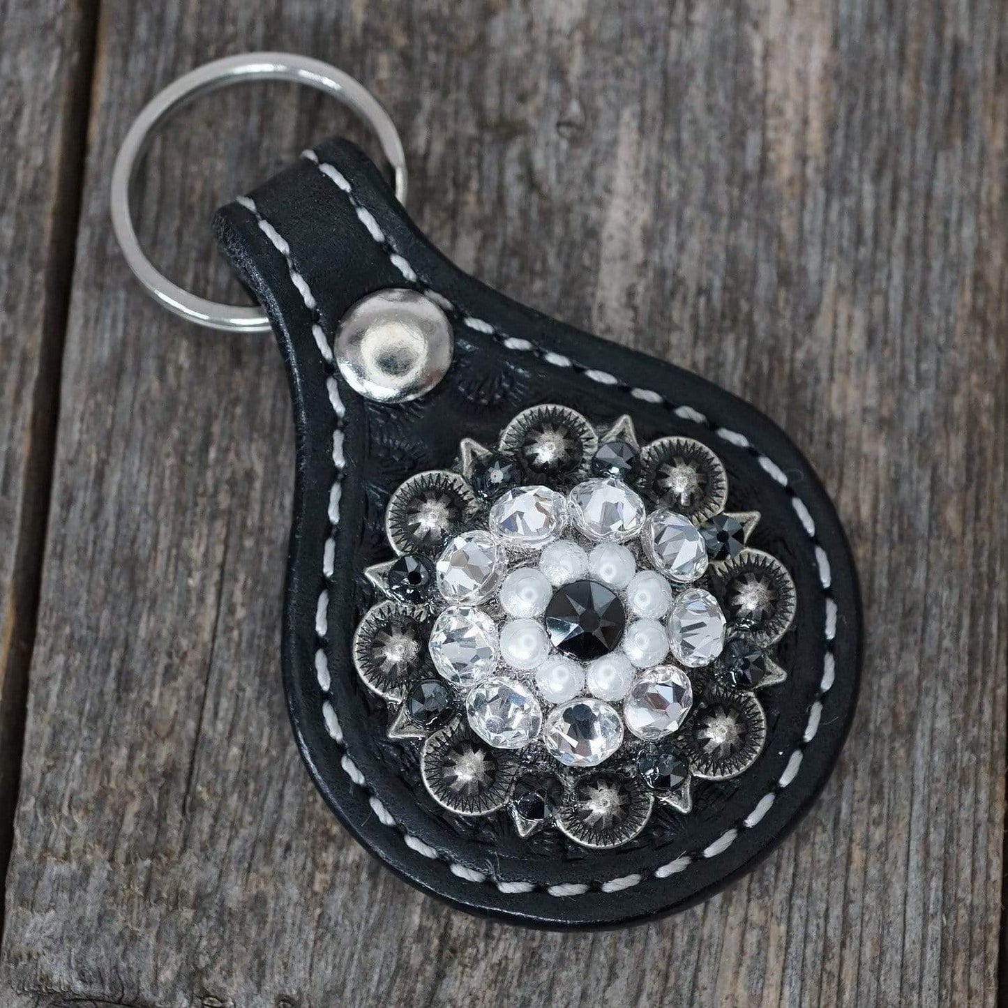 Key Chains Round Black Key Chain with Jet and Pearl European Crystal Concho KBJT-1
