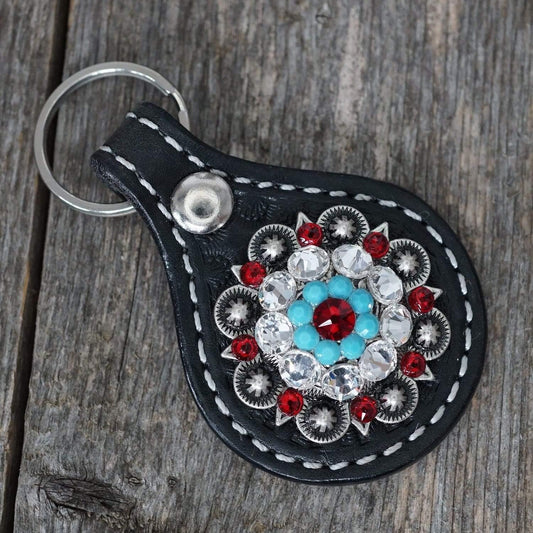 Key Chains Round Black Key Chain with Red and Turquoise European Crystal Concho KBRU-1