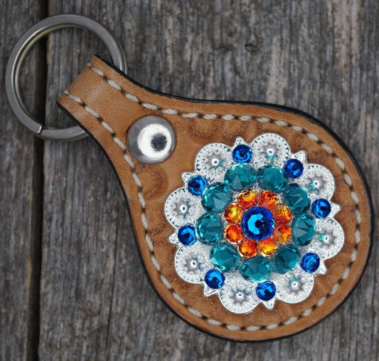 Key Chains Round Light Oil Key Chain with Blue and Orange European Crystal Concho KLCA-1