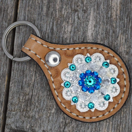 Key Chains Round Light Oil Key Chain with Teal European Crystal Concho KLTL-1