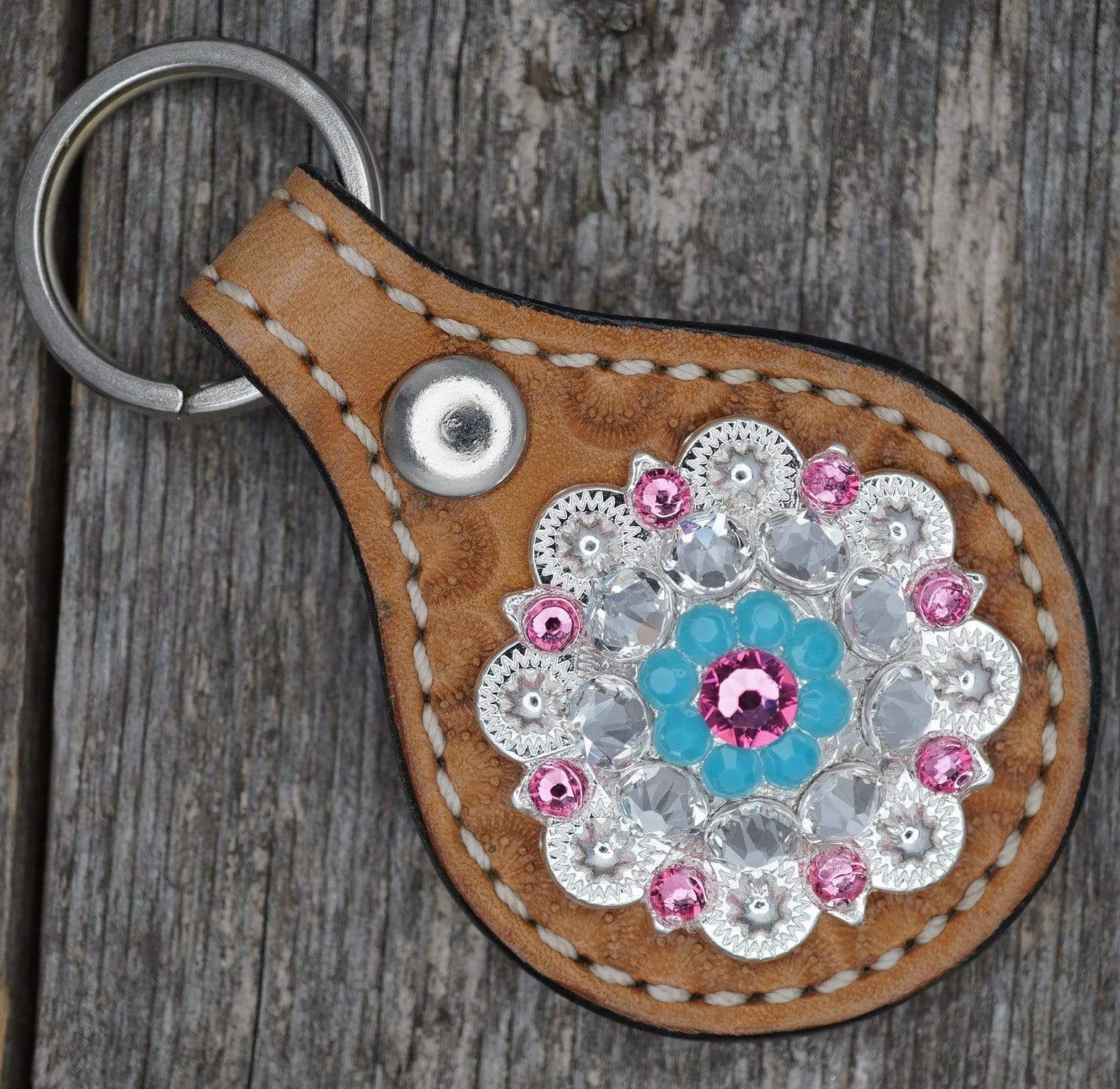 Key Chains Round Light Oil Key Chain with Turquoise and Pink European Crystal Concho KLPI-1