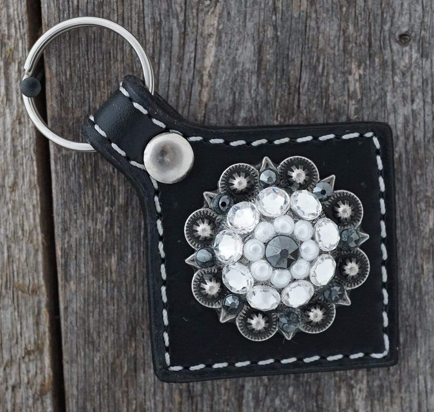 Key Chains Square Black Key Chain with Jet and Pearl European Crystal Concho KBJT-2