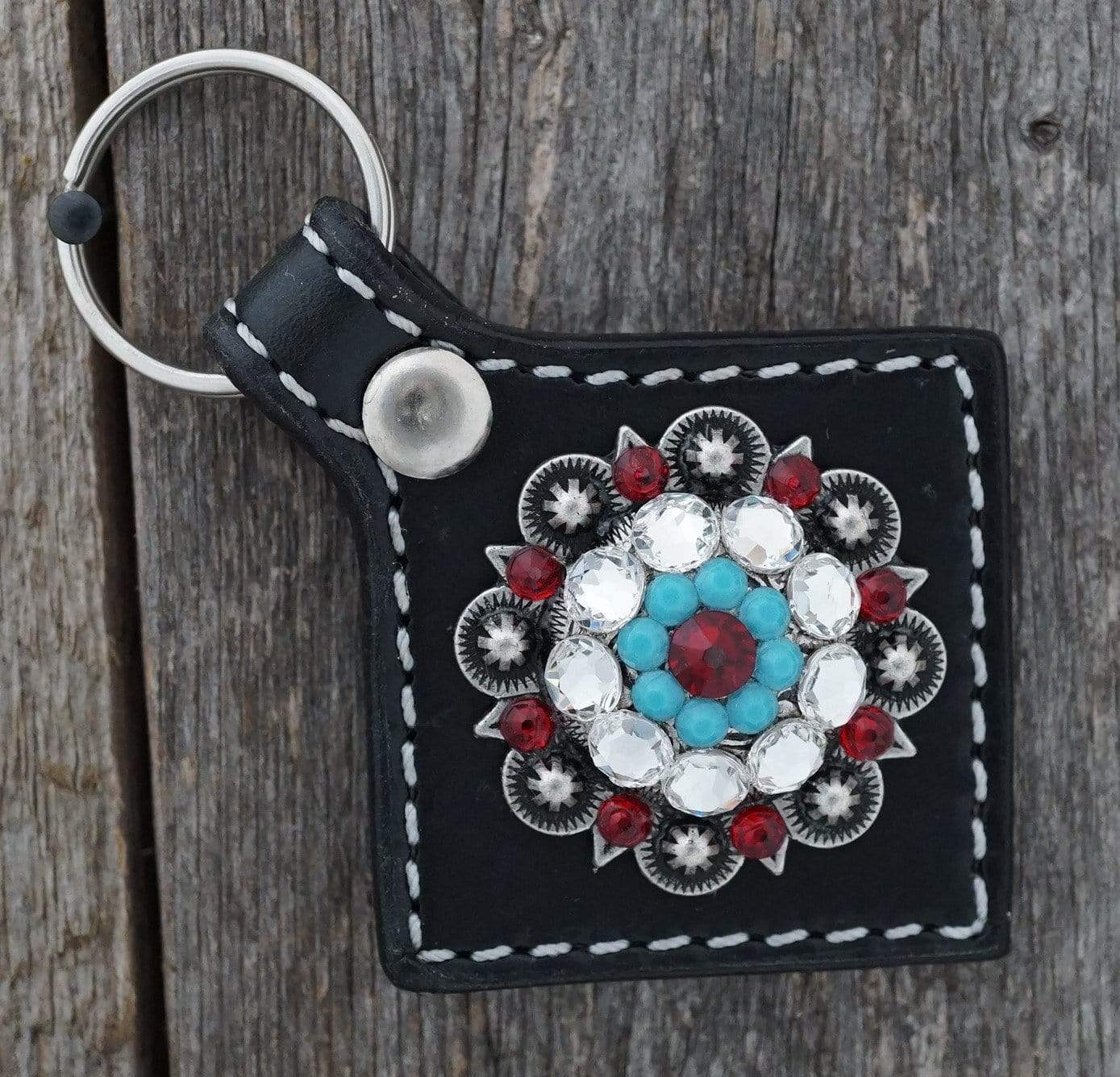 Key Chains Square Black Key Chain with Red and Turquoise European Crystal Concho KBRU-2