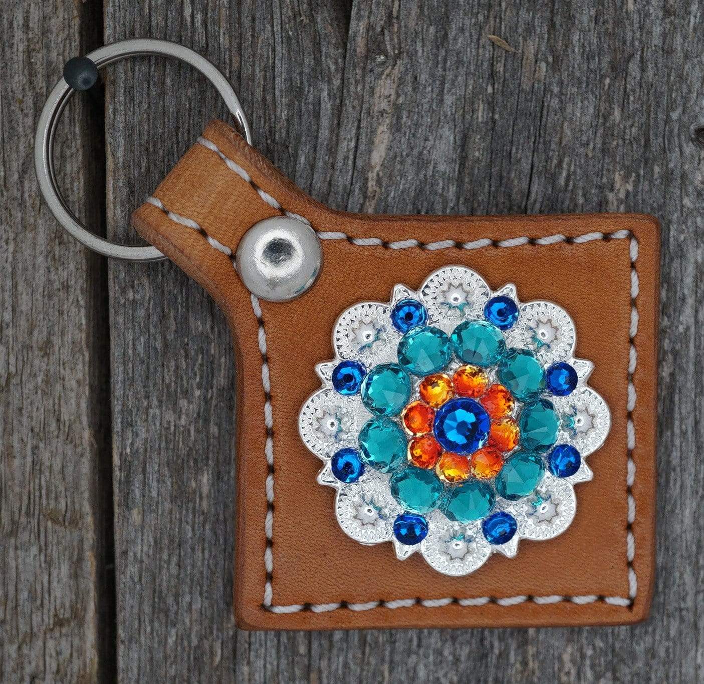 Key Chains Square Light Oil Key Chain with Blue and Orange European Crystal Concho KLCA-2