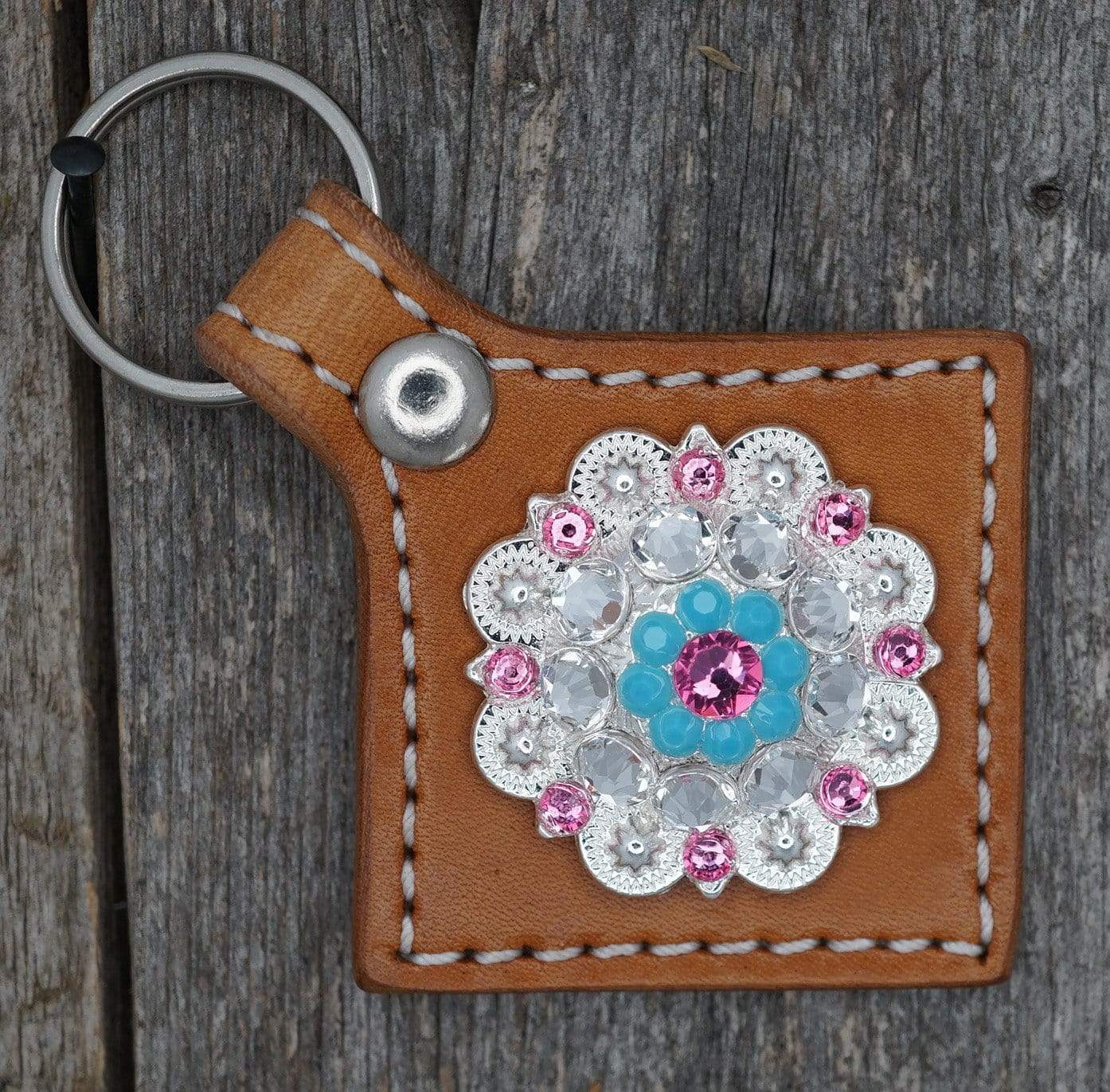Key Chains Square Light Oil Key Chain with Turquoise and Pink European Crystal Concho KLPI-2