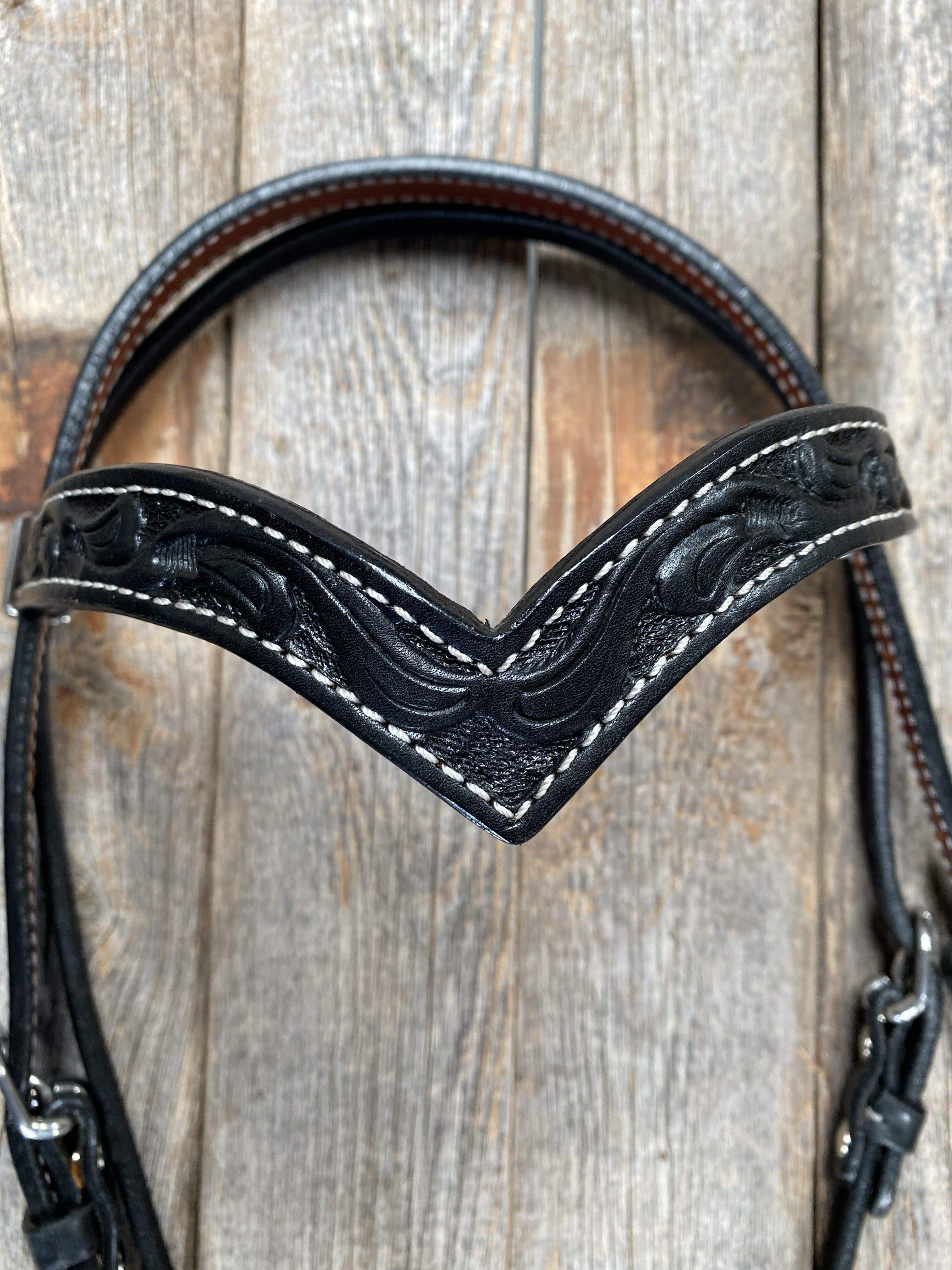 Tack Floral V Browband Black Headstall / Bridle 2201F blk