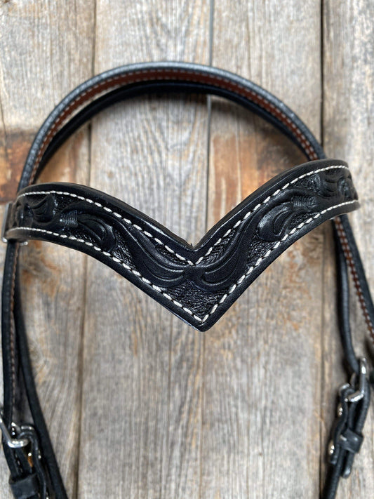 Tack Floral V Browband Black Headstall / Bridle 2201F blk