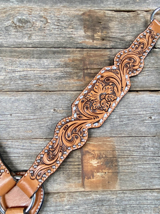 Tack Light Oil Floral Tooled Silver Buckstitching & Dots Breastcollar 5771S