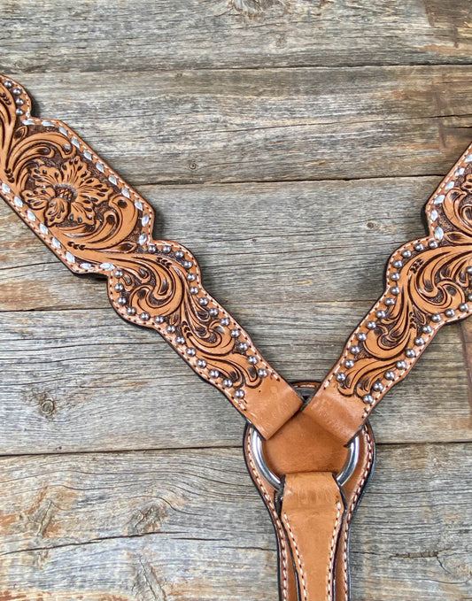 Tack Light Oil Floral Tooled Silver Buckstitching & Dots Breastcollar 5771S