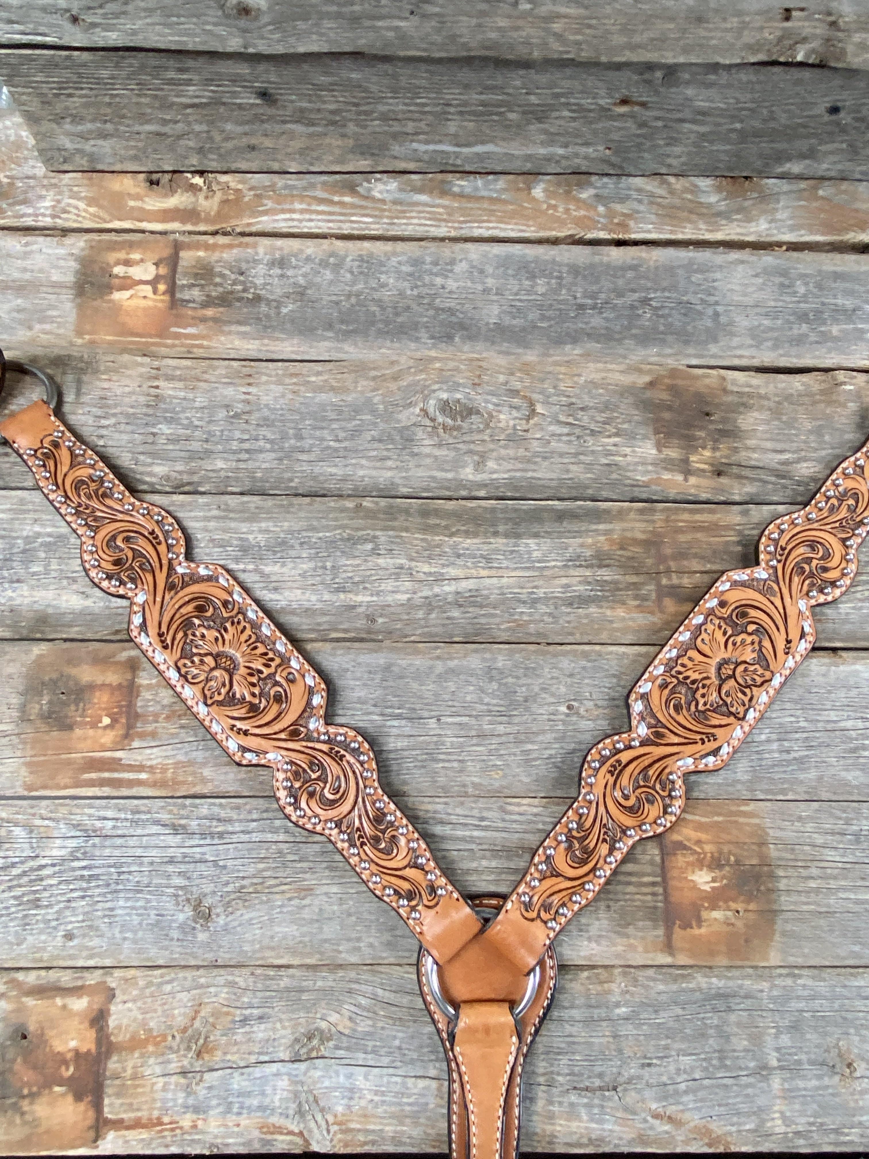 Tack Light Oil Floral Tooled Silver Buckstitching & Dots Breastcollar 5771S