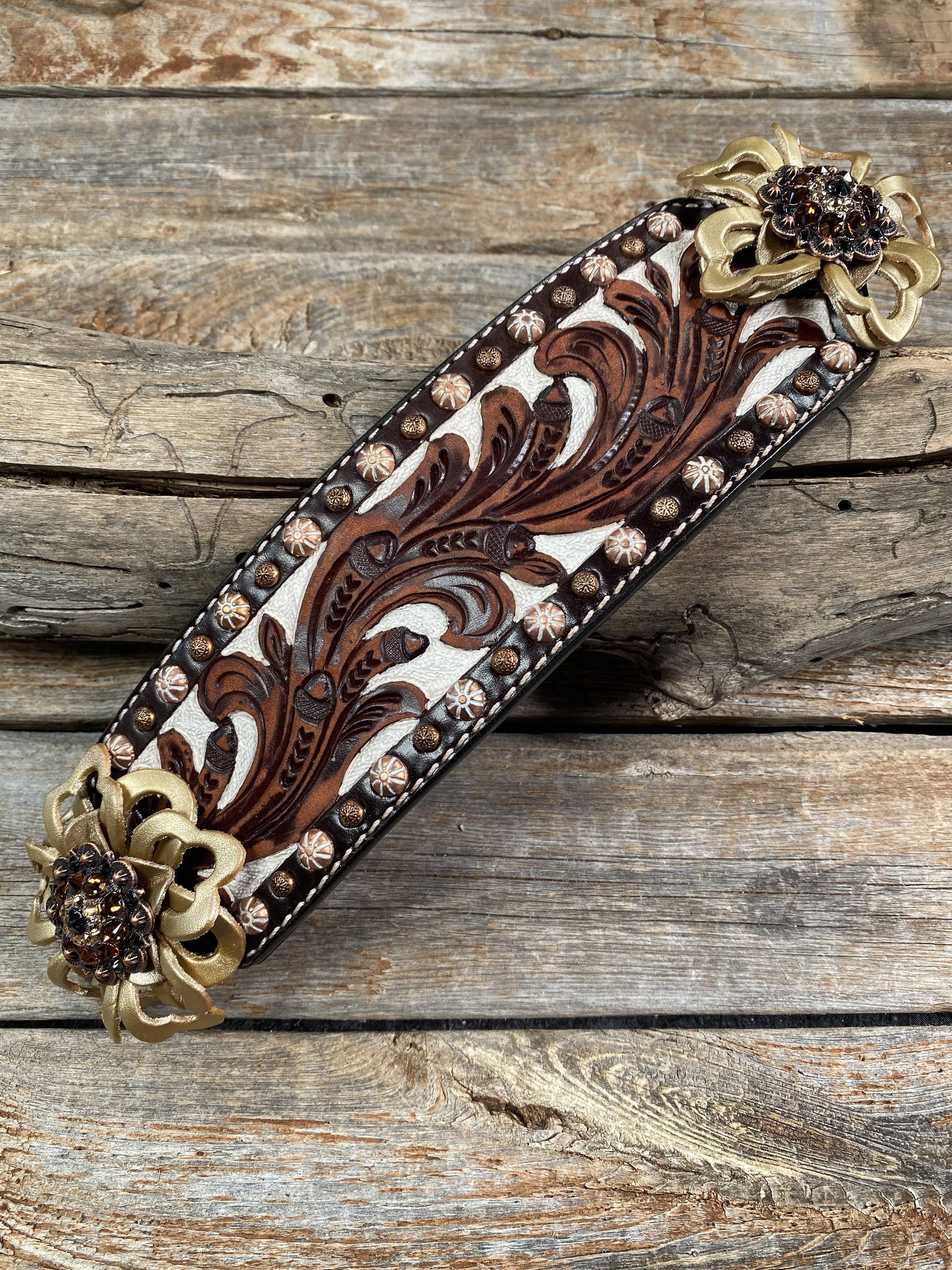 Tack Medium Oil Copper Dot Bronc Noseband with Gold Lotus Flowers & Copper Jet, Champagne & Topaz European Crystal Conchos NB102