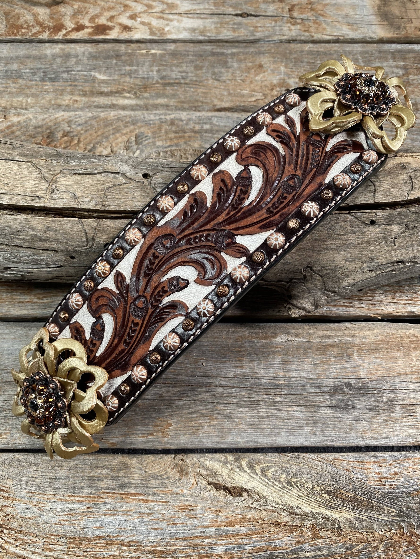 Tack Medium Oil Copper Dot Bronc Noseband with Gold Lotus Flowers & Copper Jet, Champagne & Topaz European Crystal Conchos NB102
