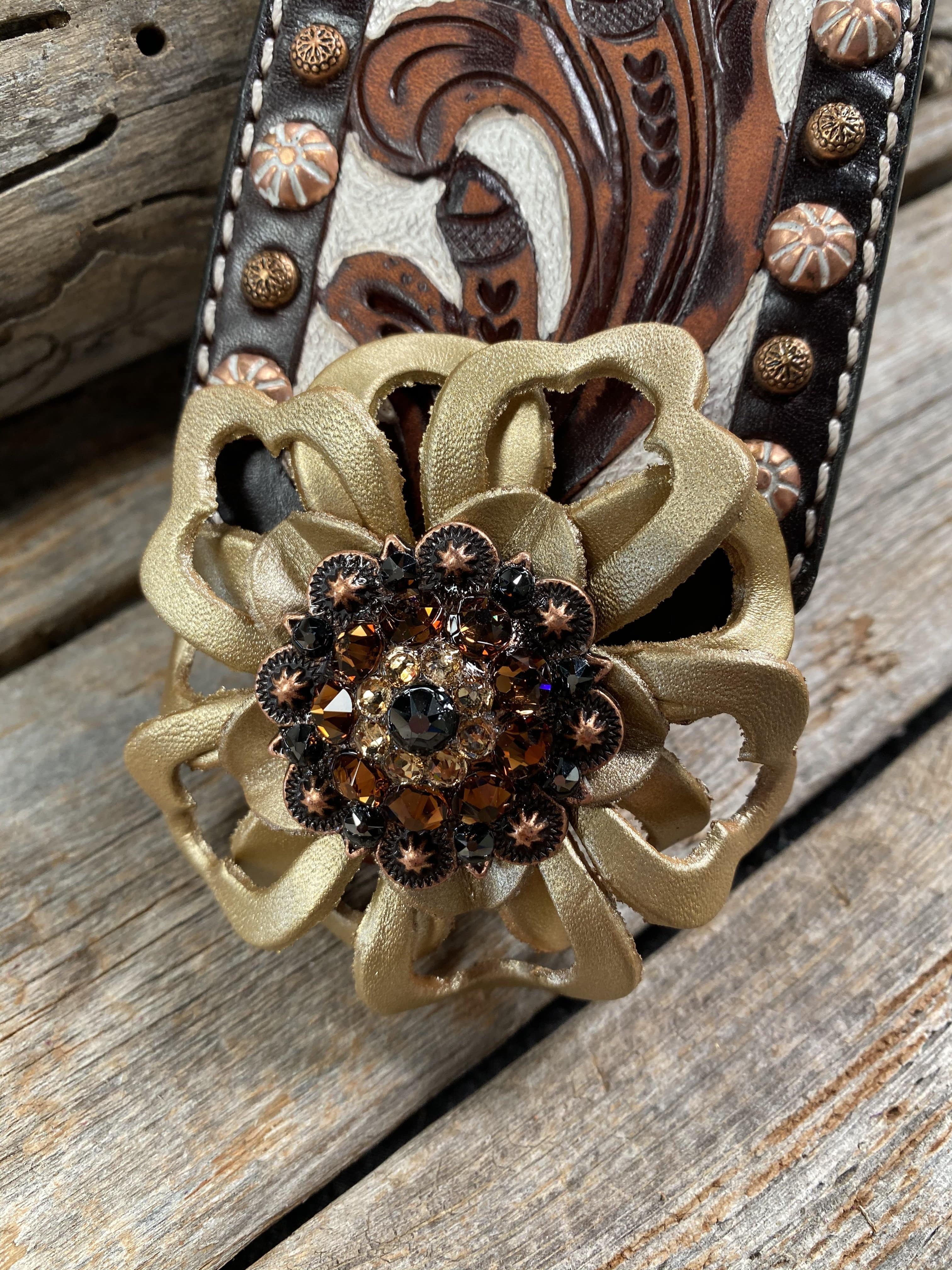 Tack Medium Oil Copper Dot Bronc Noseband with Gold Lotus Flowers & Copper Jet, Champagne & Topaz European Crystal Conchos NB102
