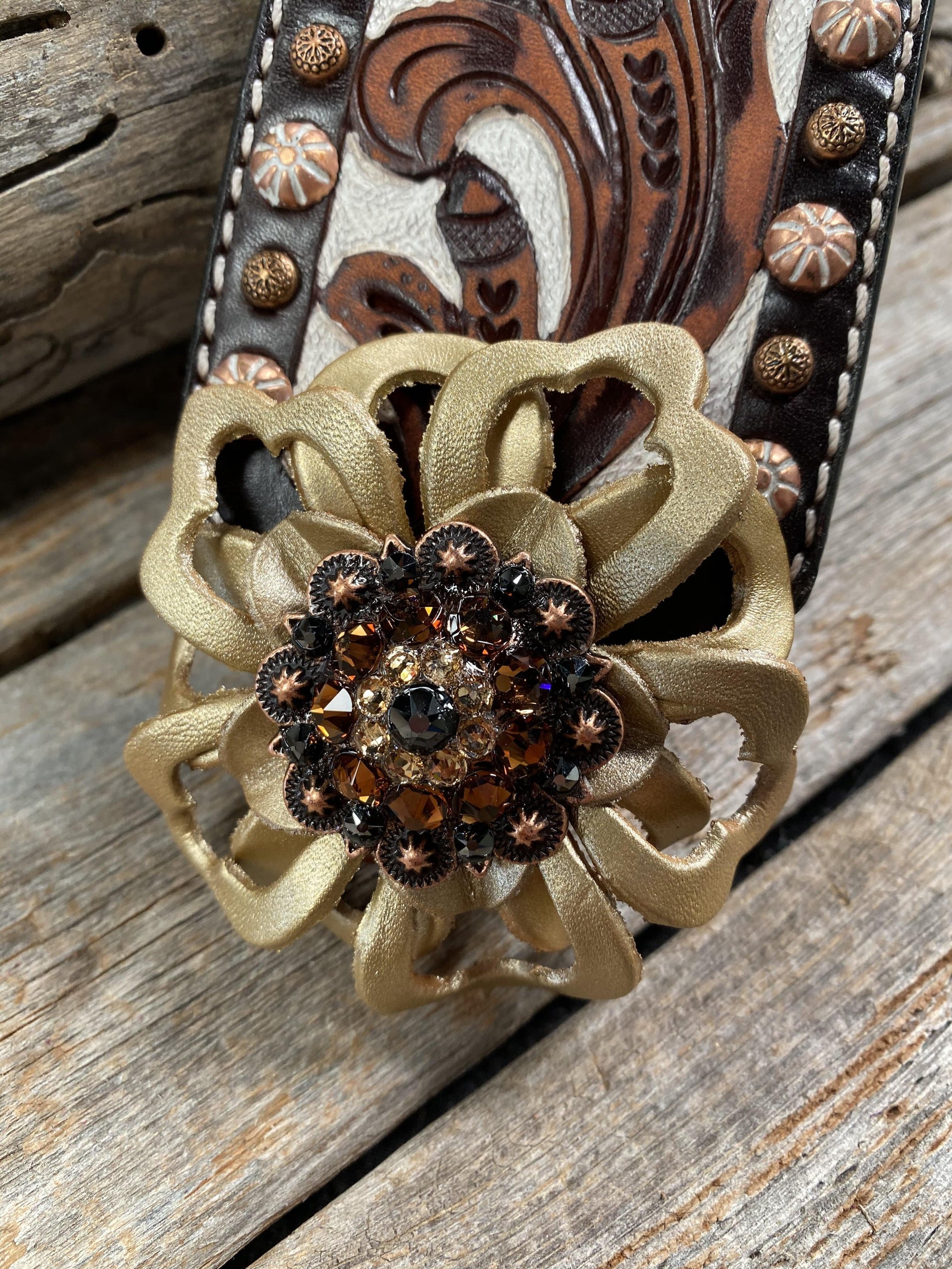 Tack Medium Oil Copper Dot Bronc Noseband with Gold Lotus Flowers & Copper Jet, Champagne & Topaz European Crystal Conchos NB102