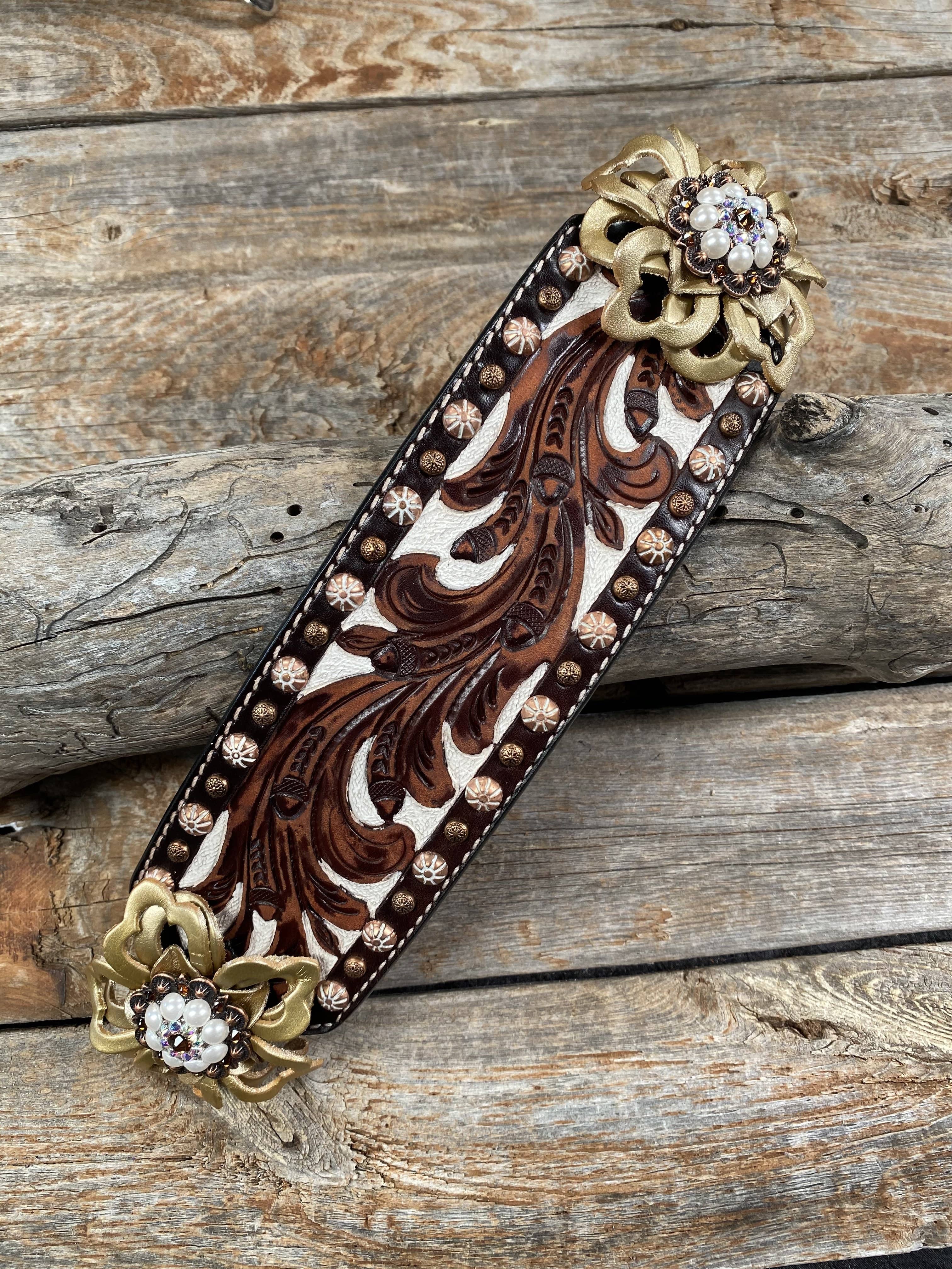 Tack Medium Oil Copper Dot Bronc Noseband with Gold Lotus Flowers & Copper Topaz, AB & Peal European Crystal Conchos NB101