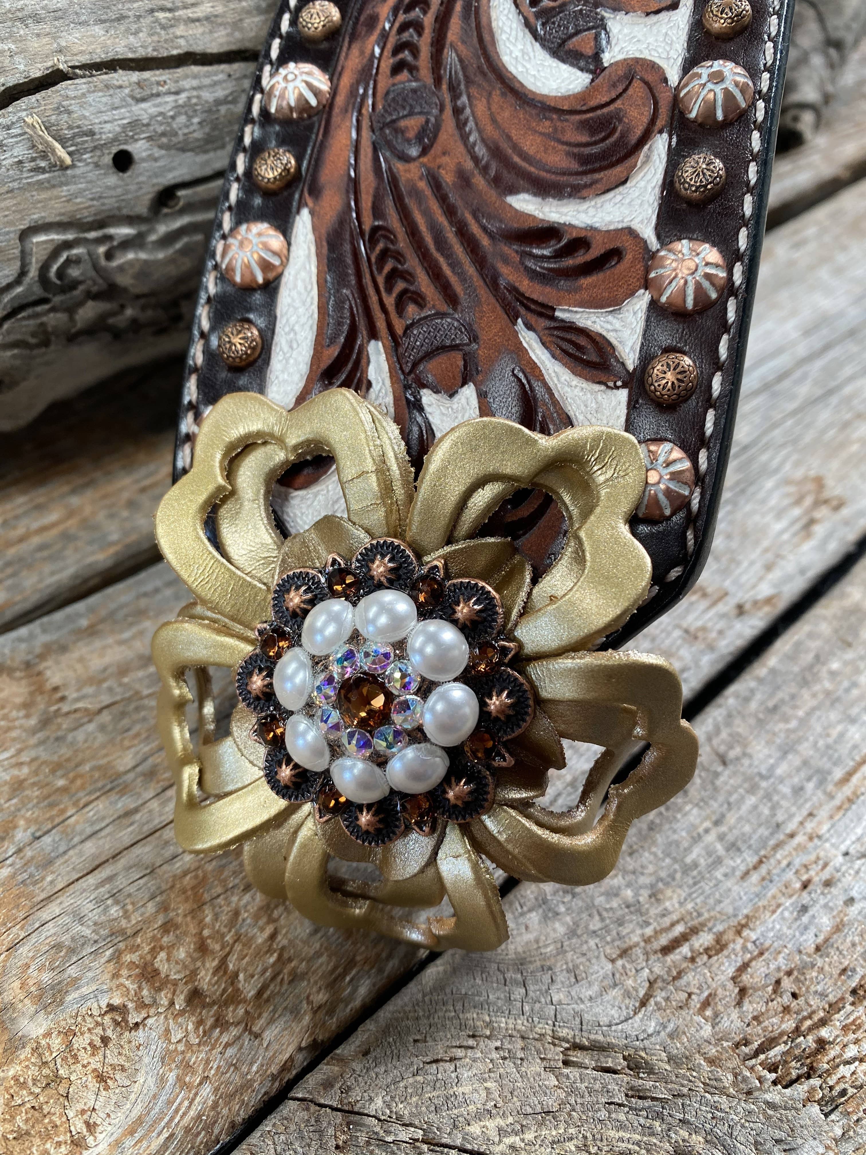 Tack Medium Oil Copper Dot Bronc Noseband with Gold Lotus Flowers & Copper Topaz, AB & Peal European Crystal Conchos NB101