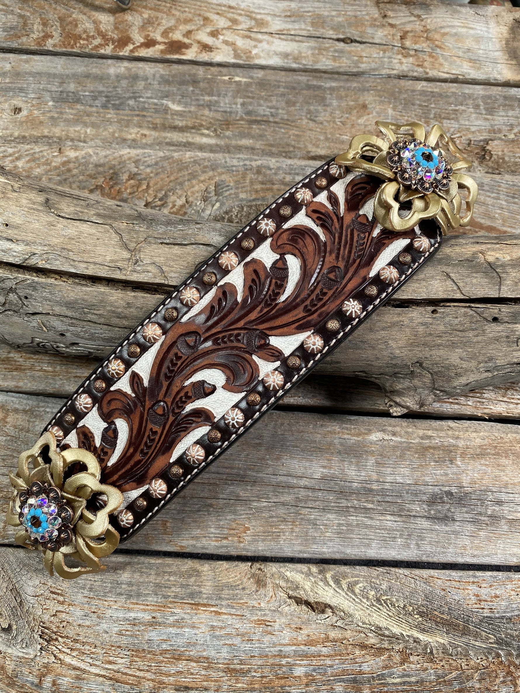 Tack Medium Oil Copper Dot Bronc Noseband with Gold Lotus Flowers & Copper Topaz, Turquoise & AB European Crystal Conchos NB103