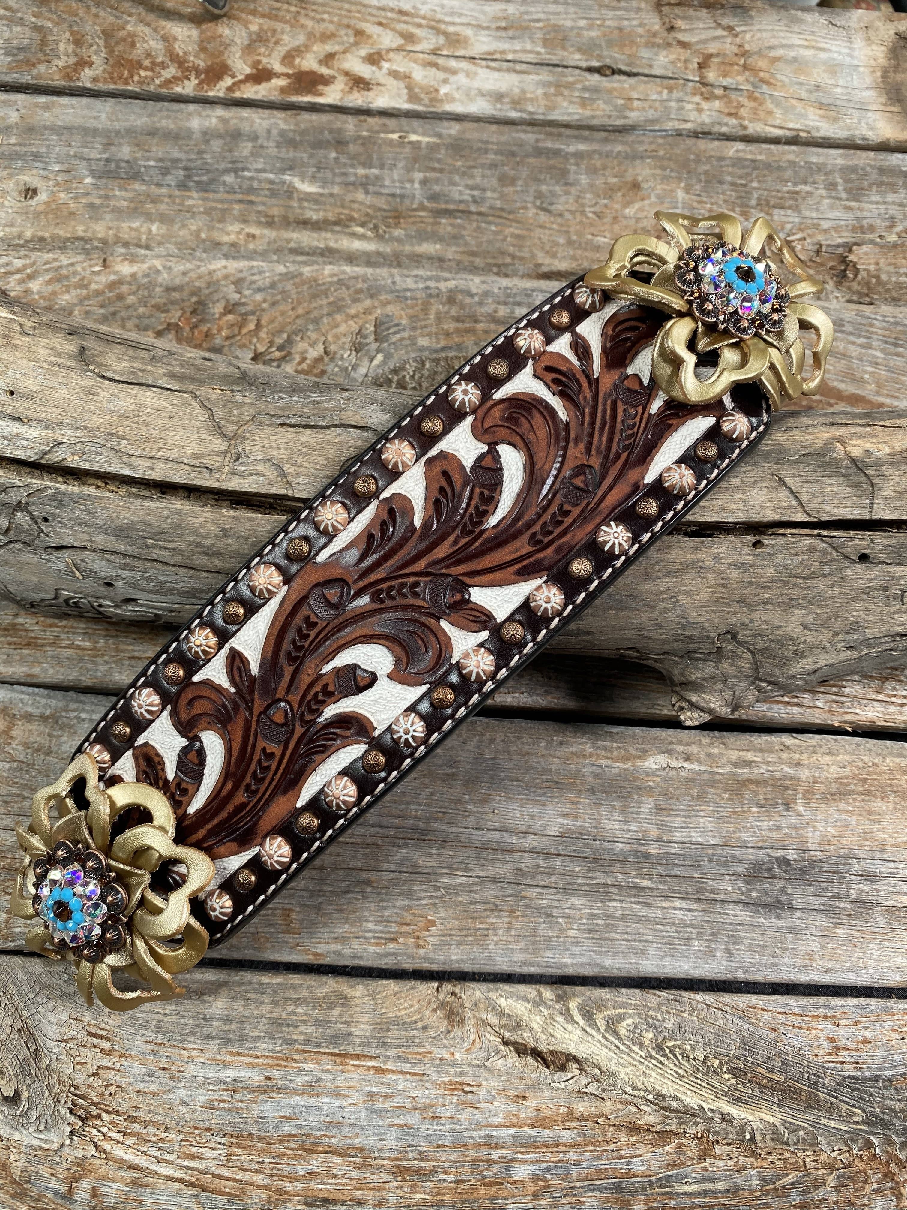 Tack Medium Oil Copper Dot Bronc Noseband with Gold Lotus Flowers & Copper Topaz, Turquoise & AB European Crystal Conchos NB103