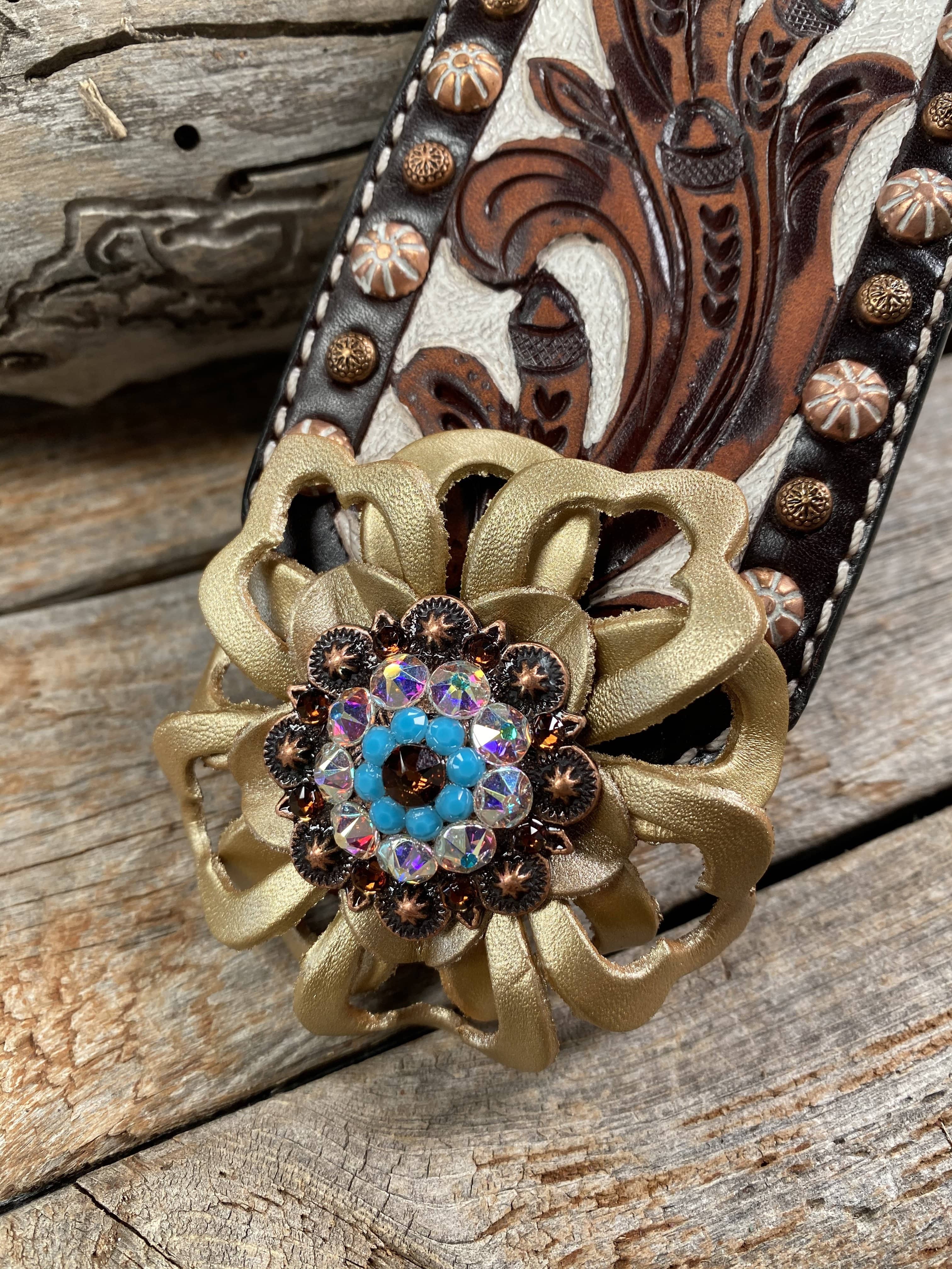 Tack Medium Oil Copper Dot Bronc Noseband with Gold Lotus Flowers & Copper Topaz, Turquoise & AB European Crystal Conchos NB103