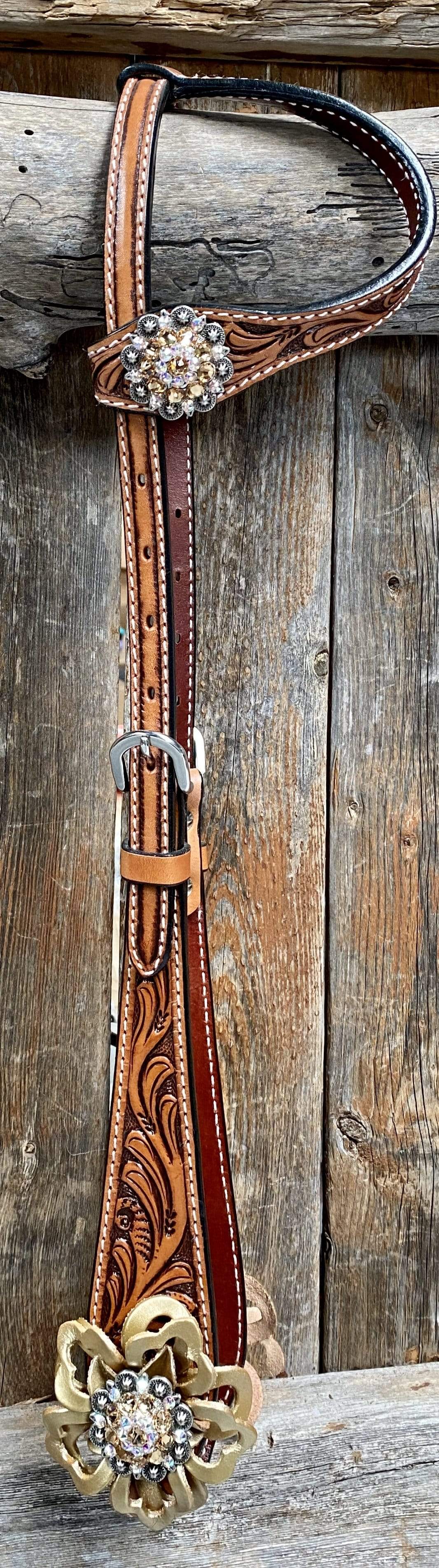 Tack One Ear Headstall / Bridle - Gold Flower & European Crystal Conchos #OE243 OE243