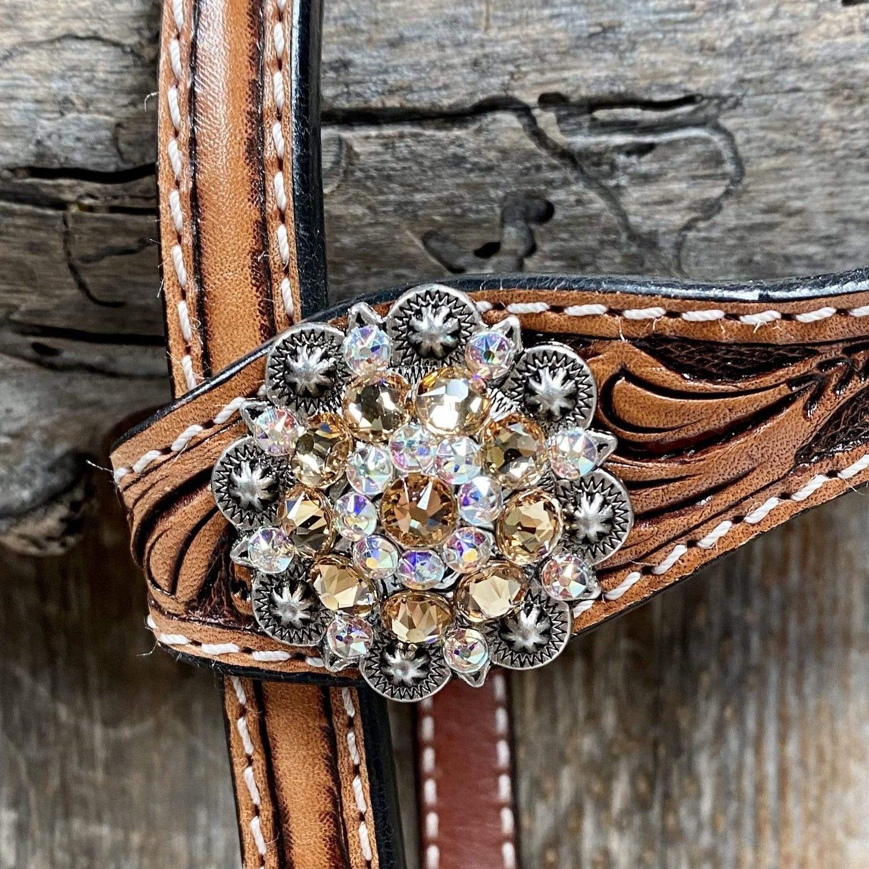 Tack One Ear Headstall / Bridle - Gold Flower & European Crystal Conchos #OE243 OE243