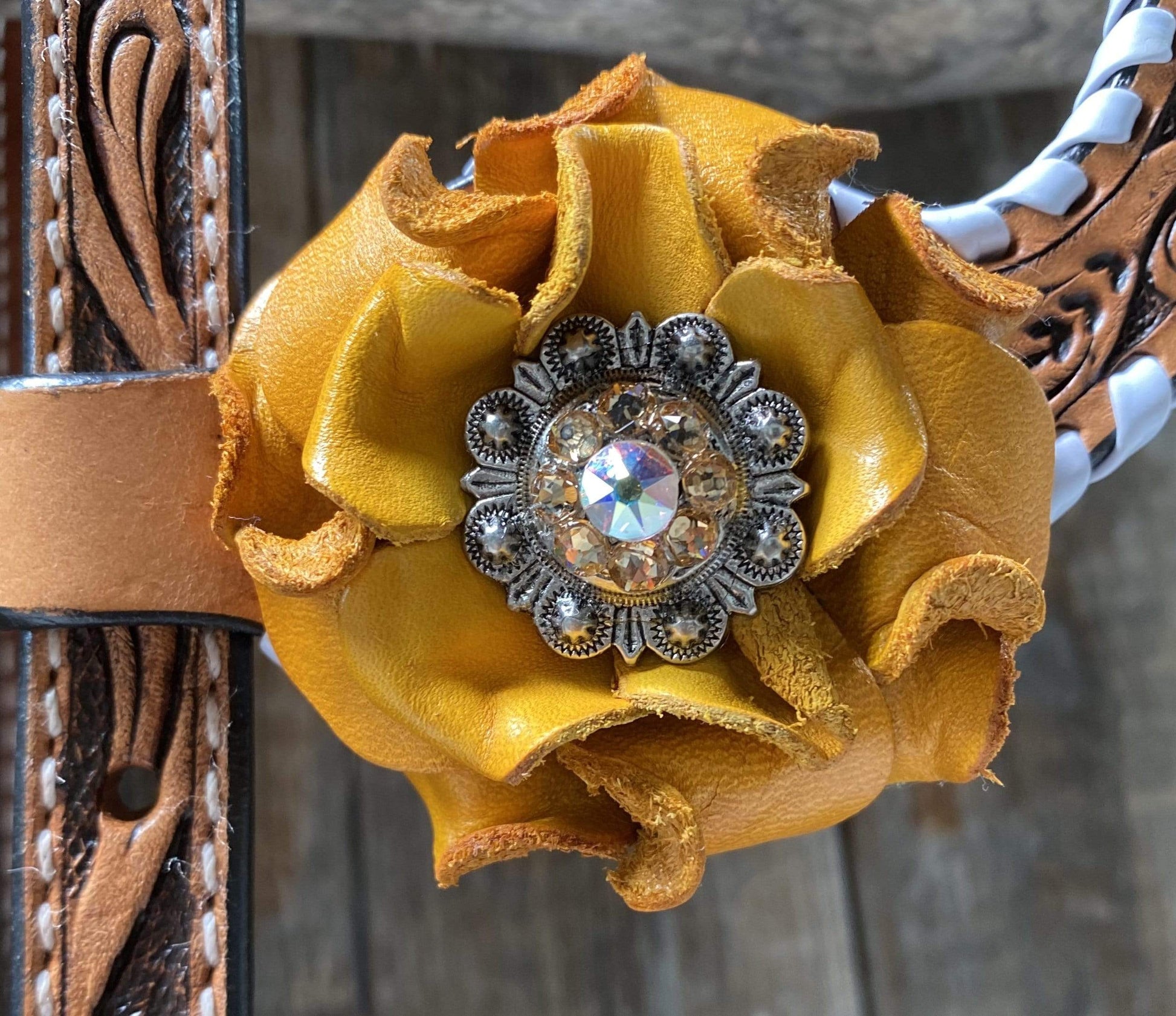Tack Whip Stitch One Ear Headstall / Bridle - Yellow Roses & European Conchos #OE286 OE286