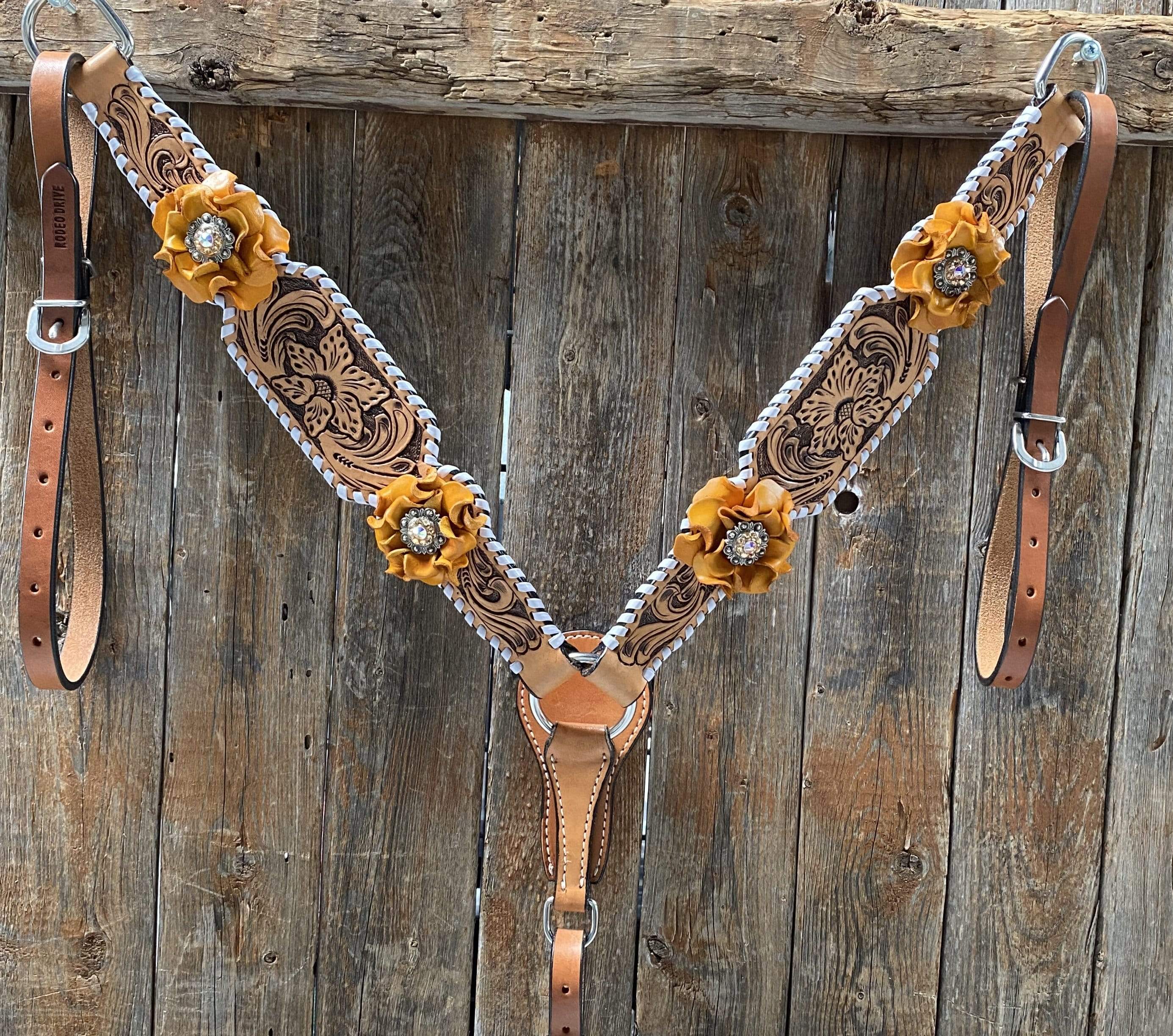 Tack Whipstitch Breastcollar - Yellow Roses & European Conchos #BC286 BC286
