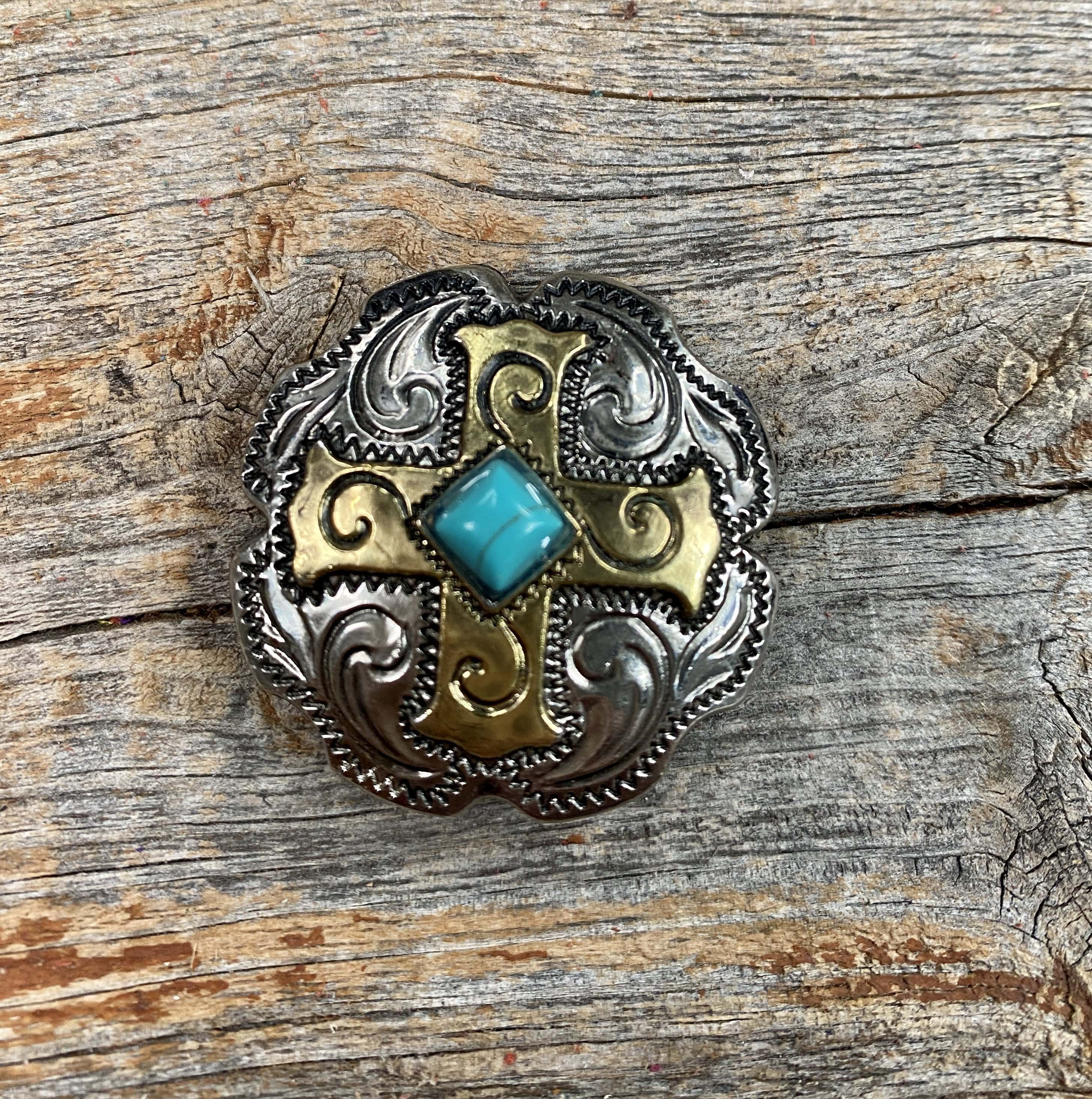 Concho with Screw - Round Feather Silver / Turquoise - 25 mm