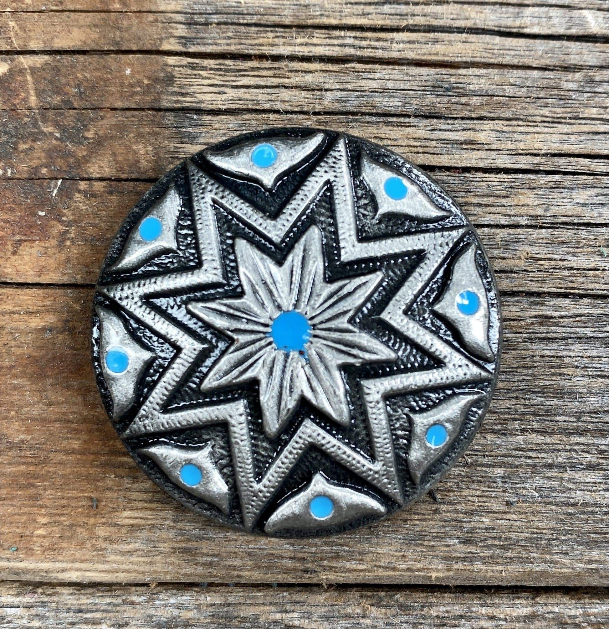 Western Conchos Starburst Antique Silver Turquoise 1" Concho W214S W214