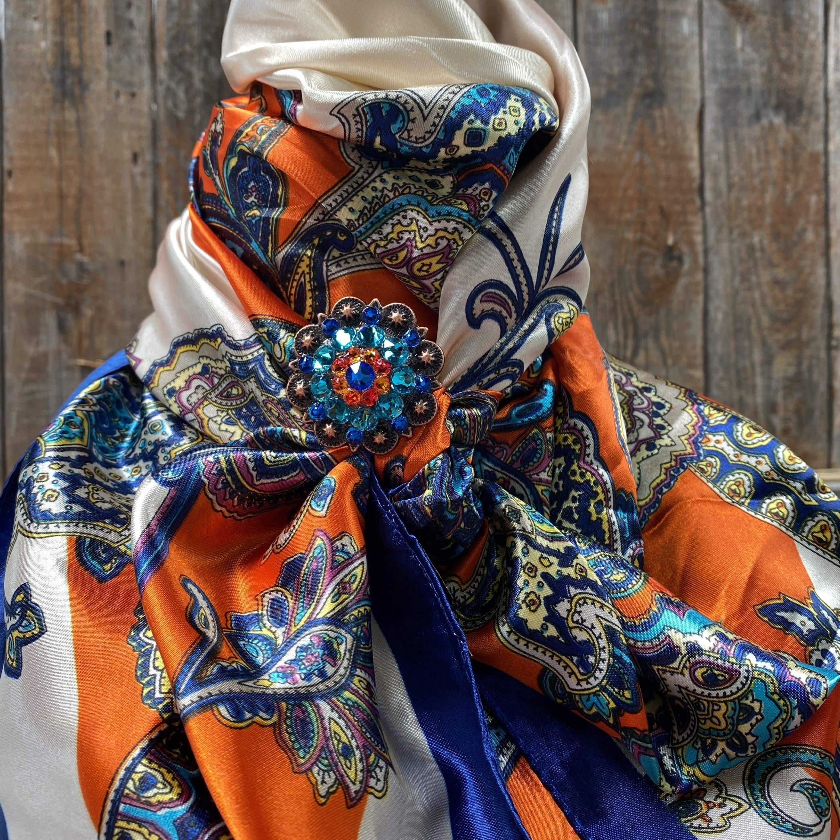 Wild Rags WRC302A Orange & Blue Paisley Wild Rag/Scarf - Copper Capri, Fire Opal & Teal Slide WRC302A